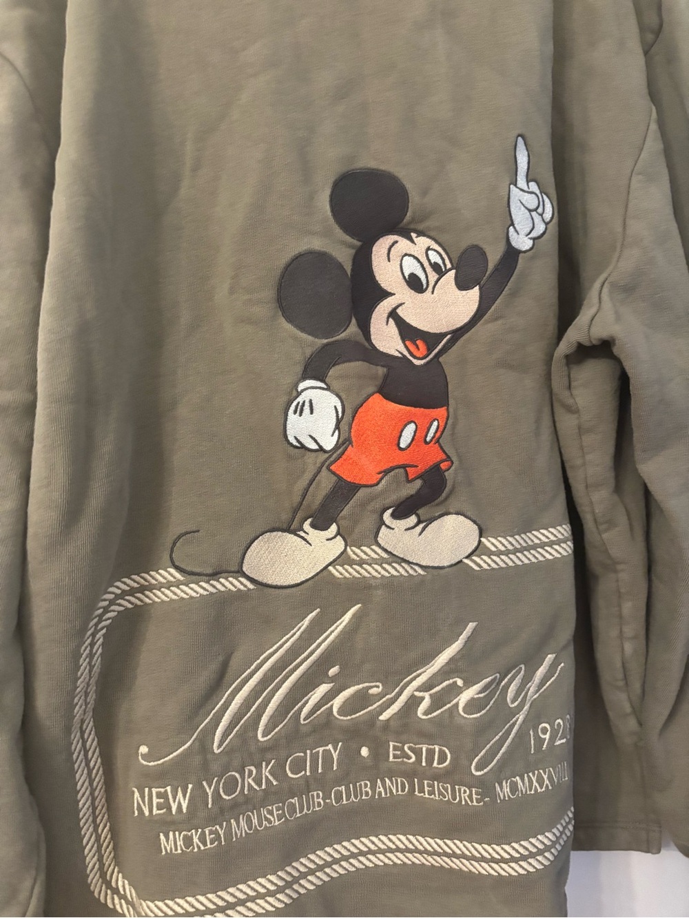 Disney /ASOS mickey Mouse Olive Green Pullover size L worn once